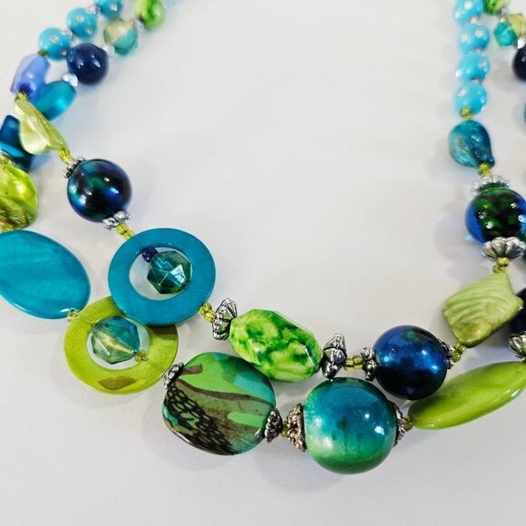 Chunky Double Strand Art Glass Blue Silver Accent Beaded Statement Bib Necklace - Picture 2 of 7